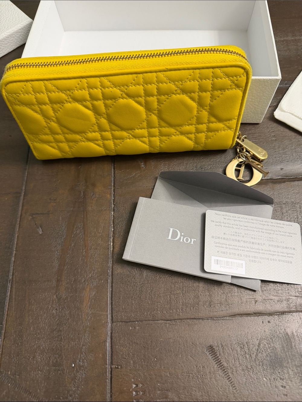 Dior Yellow Quilted Zip Wallet with Gold Hardware